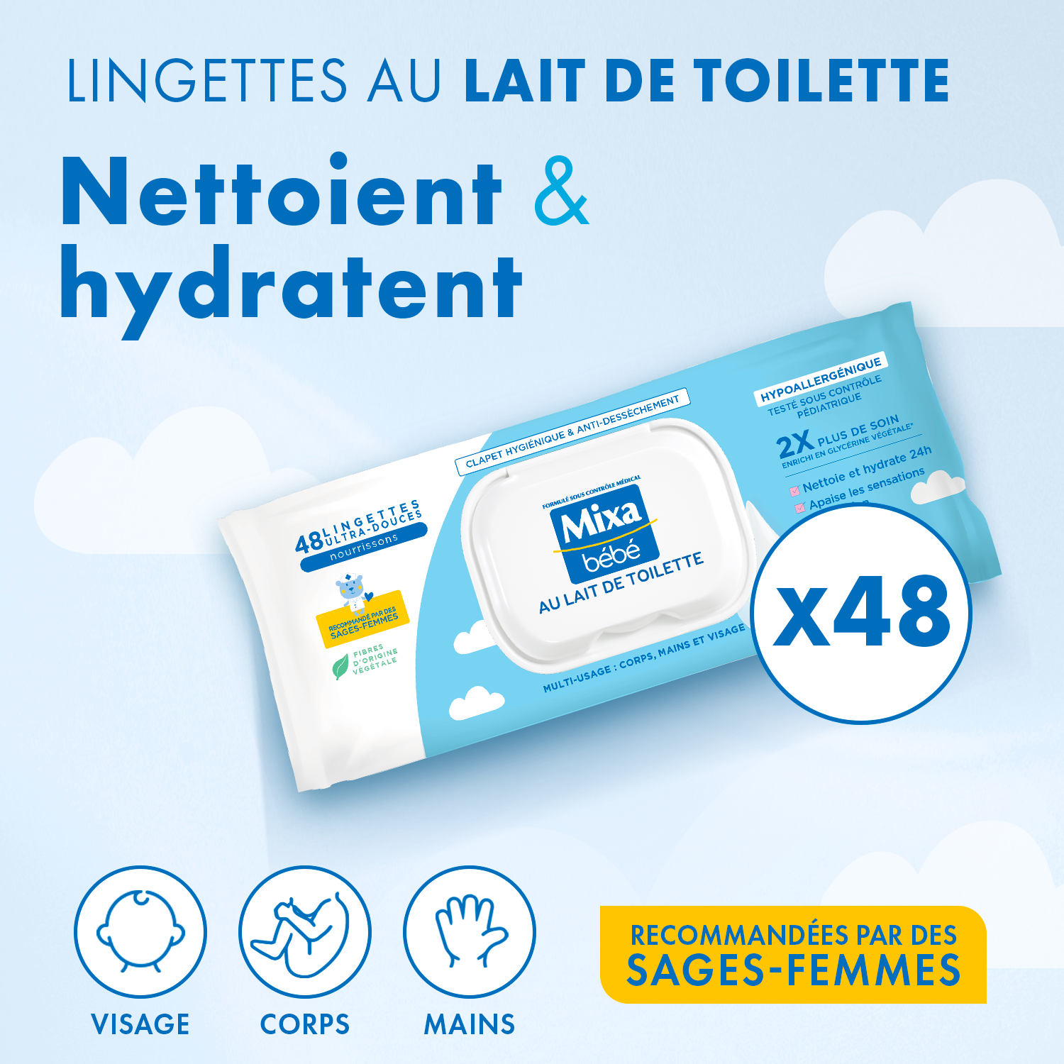 lingettes lait de toilette 48